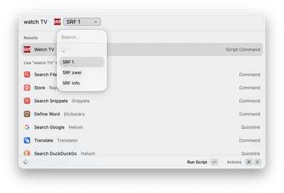 Raycast showing the Watch TV command